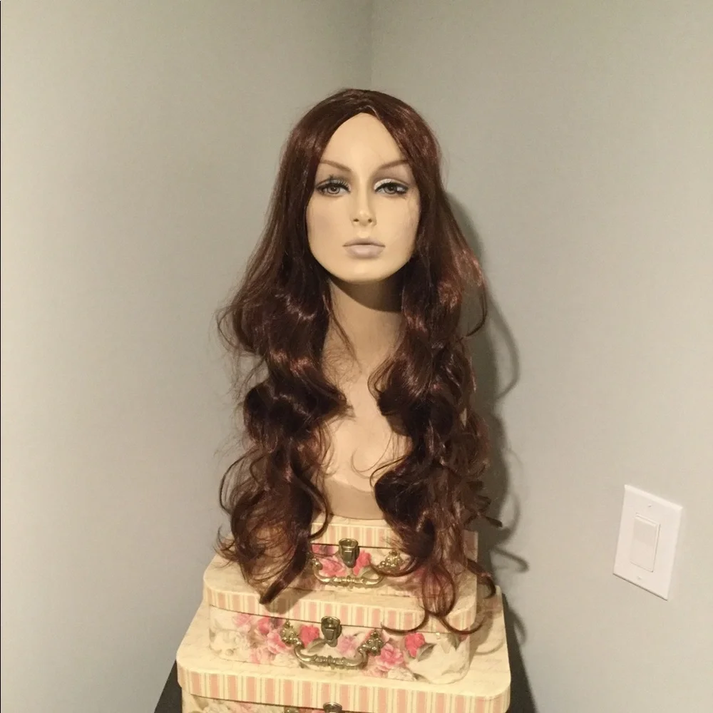 NWOT Gorgeous Auburn Reddish Brown Red Long Curly Wig Hair Extension Y2K